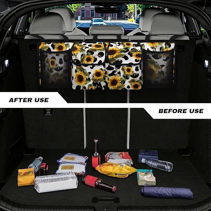Dreaweet Sunflower Cow Print Trunk Organizer for Car Women Collapsible Car Trunk Backseat Organizer Large SUV Hanging Storage Bag with Pockets Cute Car Storage Accessories Interior