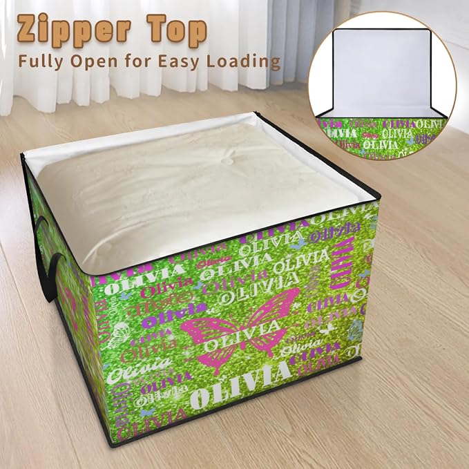 Custom Comforters Storage Basket with Lid, Personalized Name Large Organizer Bin for Pet/Children Toys, Books, Clothes, Perfect for Rooms/Playroom, Bright Lime Yellow Glittert with Butterflies