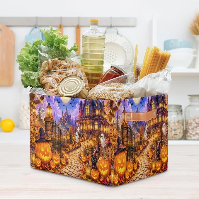 Halloween Basket Storage Bins Rectangle Canvas Basket Cube Storage Box | Nursery Foldable Basket with Handle for Kids Girls Boys Toys Living Room Closet Organizer Shelf Gifts Spooky Night Pumpkin