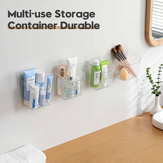 8-Pack Adhesive Cabinet Door Organizer Bathroom, Hanging Storage Bins, Stick on Wall Storage Container, Floating Bins Wall Mounted Organizer Under Sink Caddy for Kitchen Pantry Storage, Office, Dorm