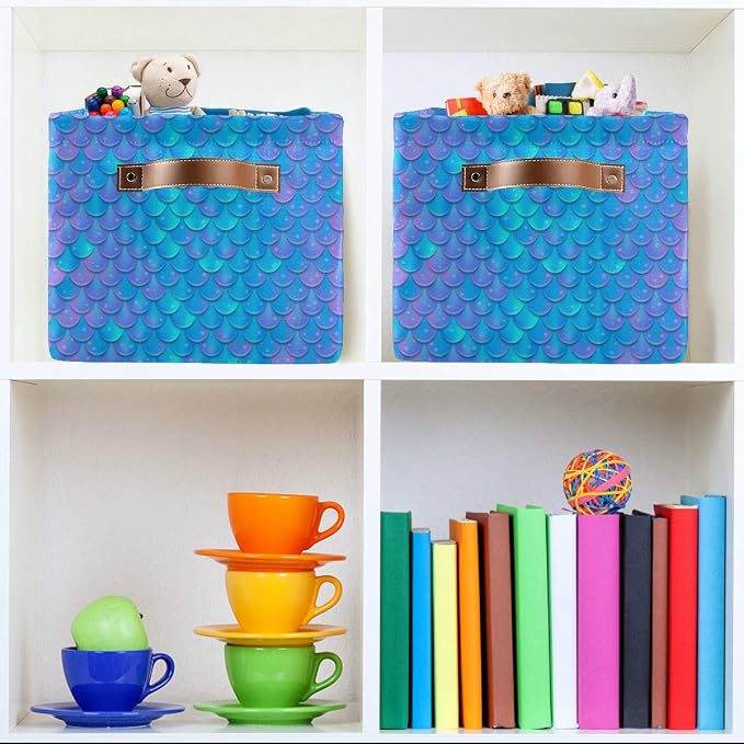 Blue Mermaid Scale Storage Baskets,Decorative Collapsible Rectangular Canvas Fabric Storage Bin for Home