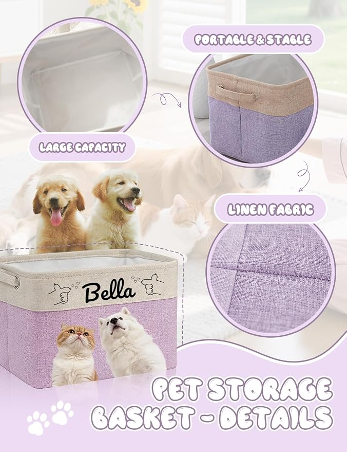 Personalized Dog Toy Storage Basket Bin with Pet's Name & Photo, Custom Collapsible Rectangular Organizer for Dog Cat Toys, Clothes, Blankets & Pet Supplies (Purple)