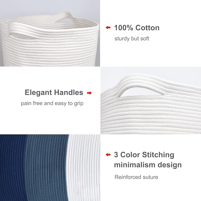 Cotton Rope Blanket Basket, 72L Tall Laundry Hamper, White & Blue