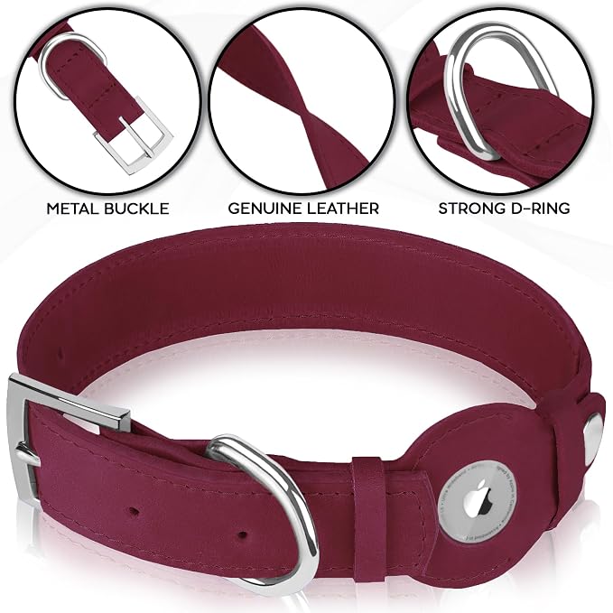 Leather Dog Collar with Airtag Holder - Apple Air Tag Dog Collars - Soft Tracking GPS Pet Collar for Small Medium Large Dogs Breed Puppy (Burgundy, S, 9"-12" Neck Fit)