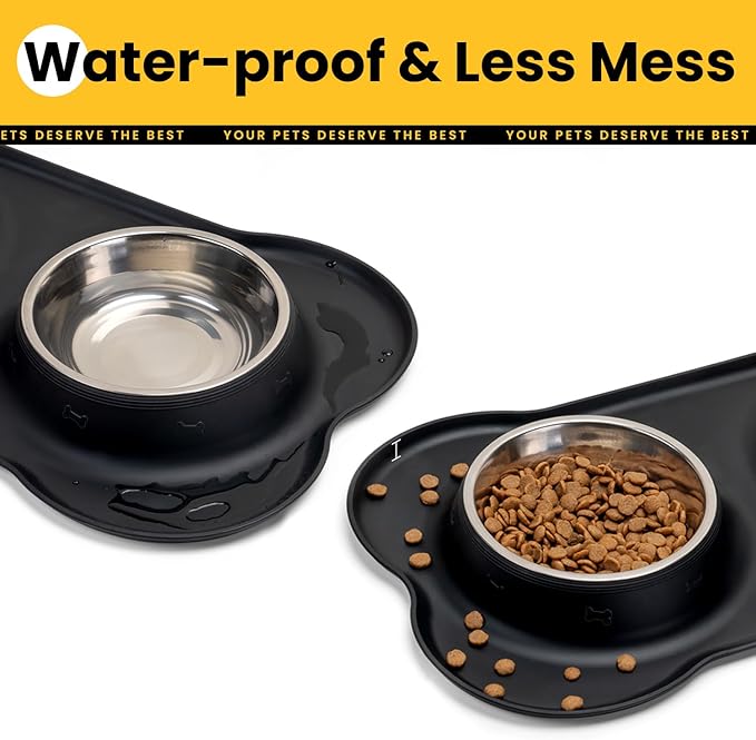 Conlun Dog Bowls with Silicone Feeding Mat, No Spill Food Water Dish Set, Dishwasher Safe, 2 Stainless Steel Puppy Bowls, Suitable for Tiny Dogs Kittens Cats Rabbits Pets under 8lbs, Extra Small,Black