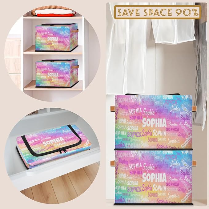 Personalized Storage Basket with Name, Rectangle Toys Storage Bin with Handles Zipper Lid for Baby, Boys, Girls, Collapsible Basket for Clothes, Books, Watercolor Colorful Pink