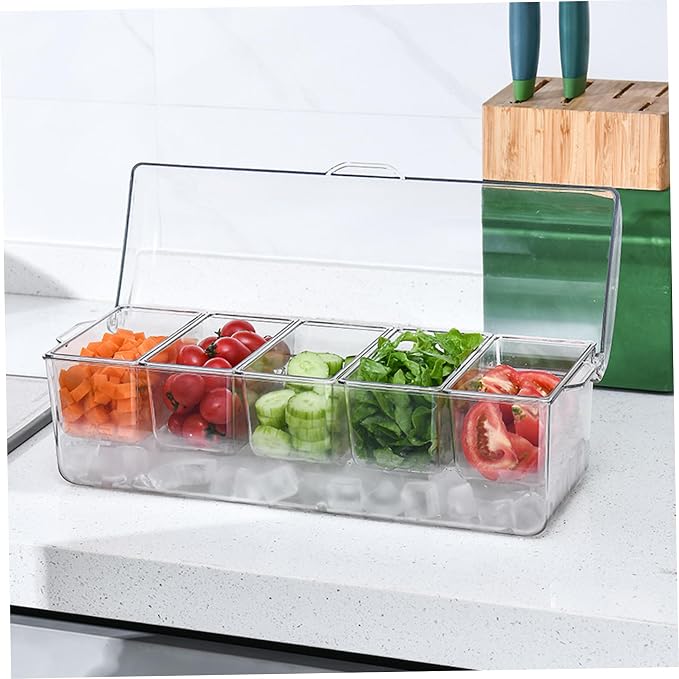 Chilled Condiment Server with Lid 5 Compartment Condiment Tray with Ice Chamber and Handle Food Grade PET Transparent Caddy for Bar Party, Tray with Ice Chamber
