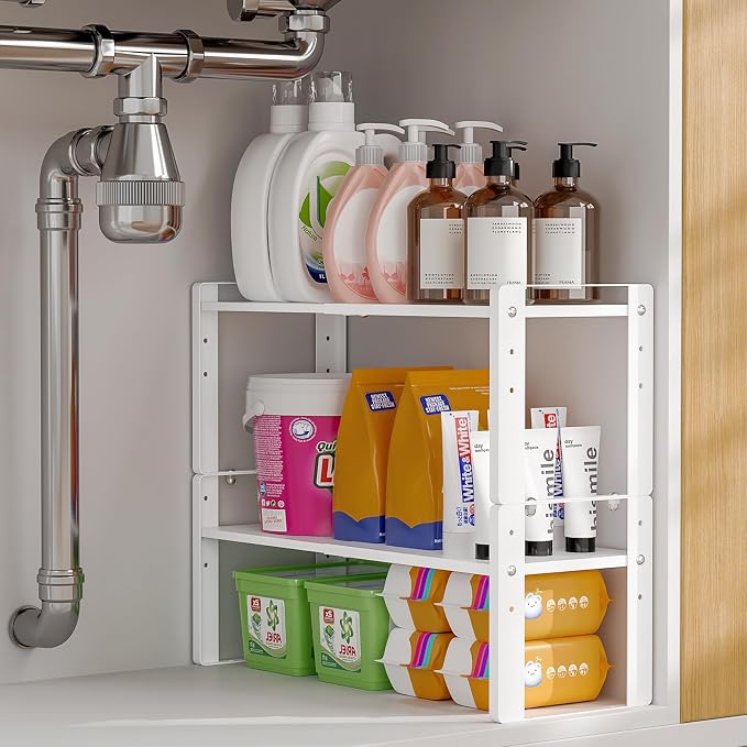 2 Pack Expandable Cabinet Organizer Shelves, 88lbs High Weight Capacity, Stackable Heavy-Duty Metal Storage Rack, Adjustable Cabinet Shelf for Kitchen, Pantry, Cupboard, Under Sink, White