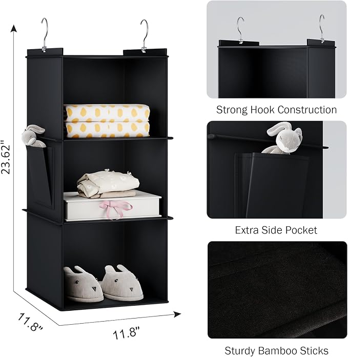 YOUDENOVA Hanging Closet Organizer and Storage for Clothes, 3-Shelf, Black | Locker/RV/Camper Organizer, Side Pocket, Hanging Shelves for Small Closet, Dorm Room Essentials for Guys, Breathable Fabric