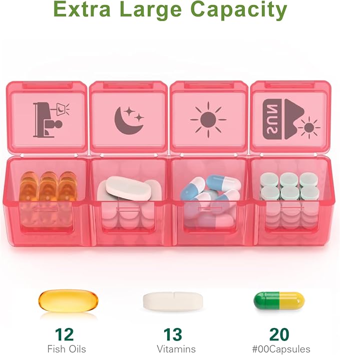 Fullicon Large Pill Organizer 4 Times a Day, 7 Day Pill Box, Black Rainbow | Each Compartment Holds 12 Fish Oils or 13 Vitamins, Clear Daily Icons, Durable Printing, Easy Open, Secure Snap Lids