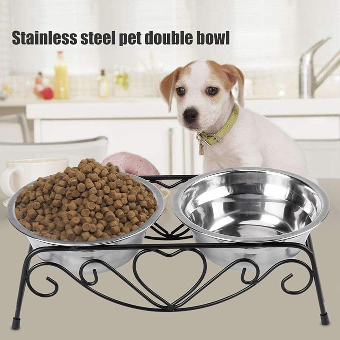 Dog & Cat Bowl Stand with 2 Stainless Steel Bowls, 3.4 Inch Fixed Height | Elevated Dog Bowls for Small Dogs and Cats, Removable Food and Water Bowl Set