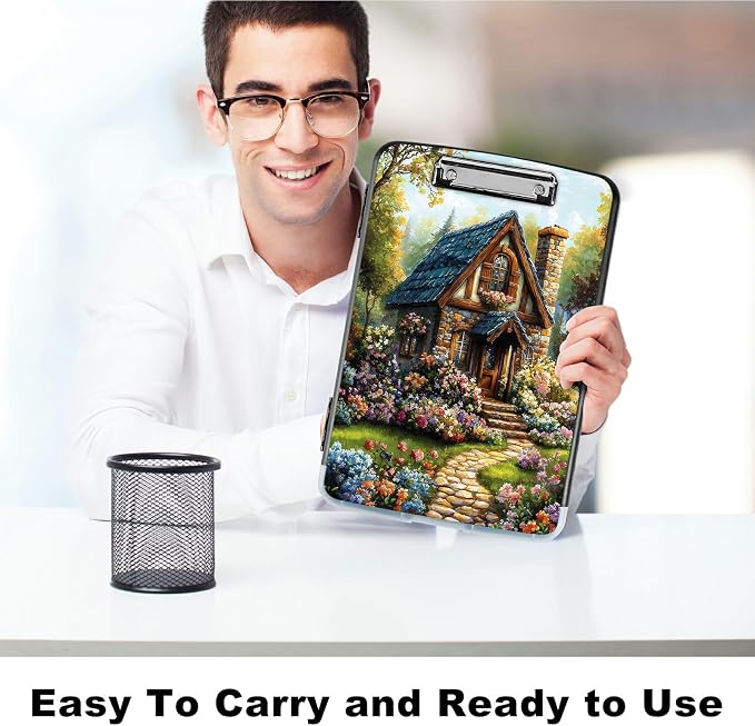A4 Clipboard with Storage Pen Holder, Clipboards Organizer Nursing Clipboard Foldable File Folder Plastic Clipboard Folio Clip Board for Office Work Classroom Doctor, Garden Castle