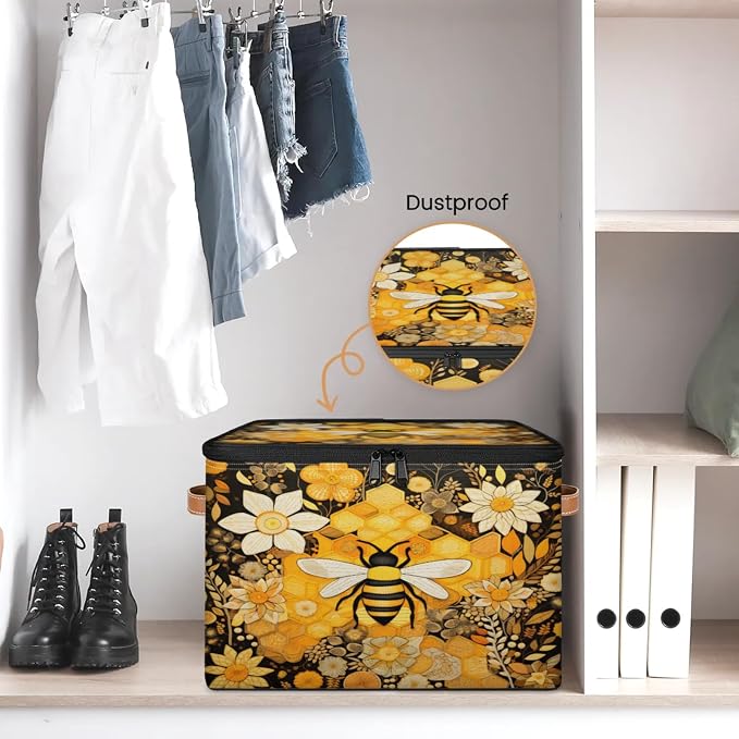 Storage Bins Honey Bee Storage Basket with Zipper Lid & Handle Foldable Storage Box Storage Cube Bin Clothes Organizer for Closet, Bedroom