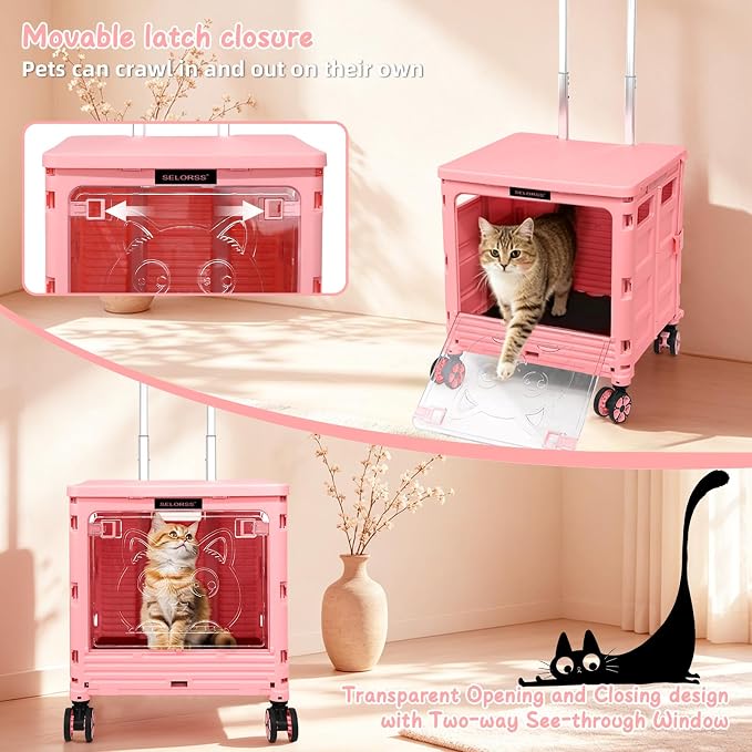 2-in-1 Foldable Shopping Cart & Rolling Pet Carrier, 55L Collapsible Utility Cart with Wheels, Pet Carrier with Telescopic Handle for Cats & Small Dogs, Portable Grocery Cart for Picnic, Travel-Pink