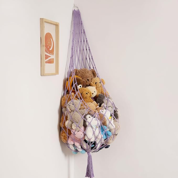 Amdermi Upgrade Stuffed Animal Hammock Corner or Wall Hanging Net for Stuffy Animal Storage Macrame Toy Display Over Door Toy Holder Kid Bedroom Decor Playroom Organizer (Purple)