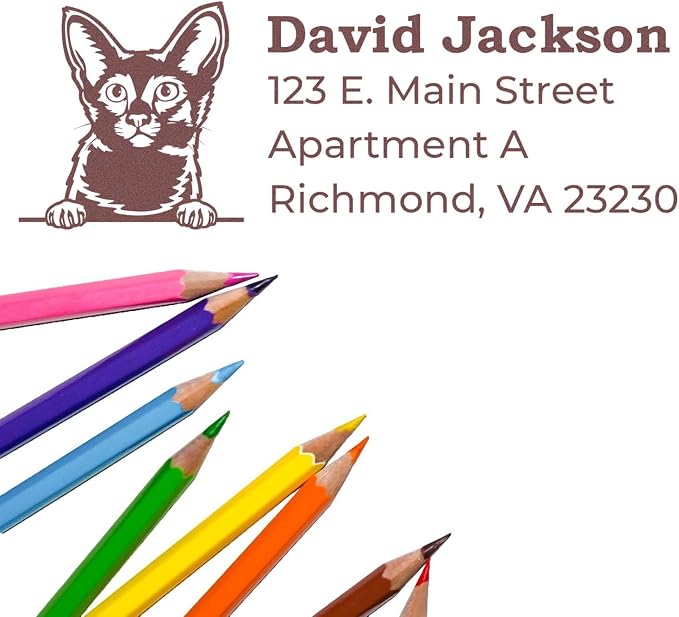 Peeking Javanese Cat Wood Handle Address Stamp - 4 Lines of Custom Text | Personalised Address Stamp for Cat Owner Gifts. Rectangular imprint. Javanese Cat Address Stamp for Envelopes.