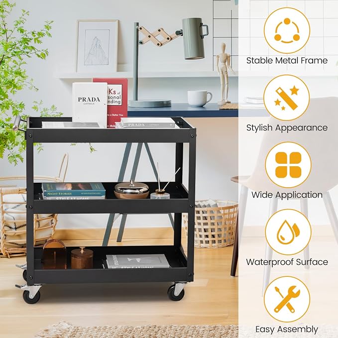 Goplus 3-Tier Utility Cart, Heavy Duty Commercial Service Tool Cart w/Lockable Wheels, 330lbs Load Capacity, Ergonomic Handle, Rolling Mechanic Tool Cart Storage Organizer for Warehouse Garage Black