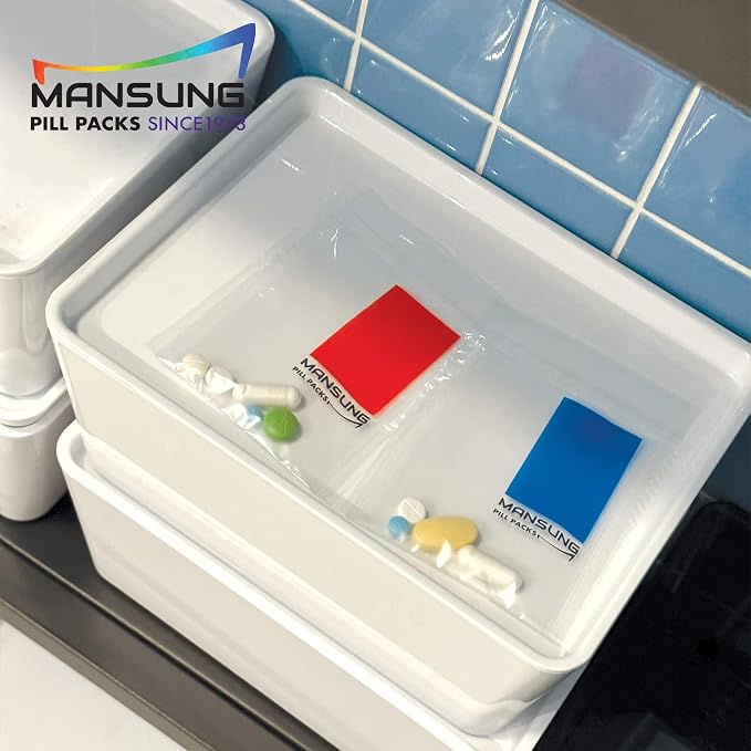 Mansung M 600 Bags/Blue, Heat Seal Pill Bags, Suite, Sorter Organizer for Medication, Food Safe, BPA Free Heat Seal Bag pouche Pack Organizer Dispenser kit Daily Blister Packs Use with Tray, AM PM