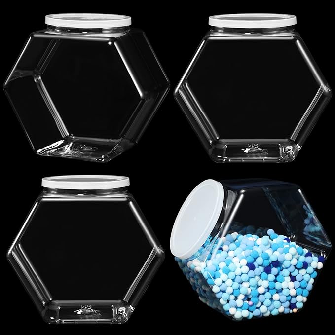 EBOOT 4 Pieces 1 Gallon/ 129 oz Plastic Candy Cookie Jars Large Hexagon Cookie Jar Bulk with Lid Clear Candy Containers for Kitchen Counter Laundry Pod Storage Container Dry Food Dog Treats Craft