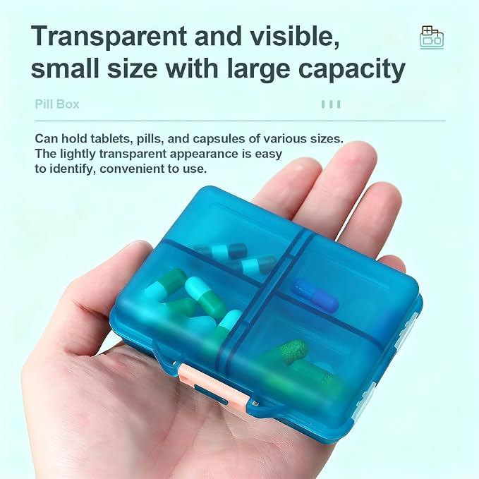 Daily Travel Pill Case Organizer, Small 8 Compartment Medicine Box | Pill Dispenser, Compact Purse Portable Pill Reminder Perfect for Storage Vitamin, Fish Oil, Calcium Tablet, Peacock Blue