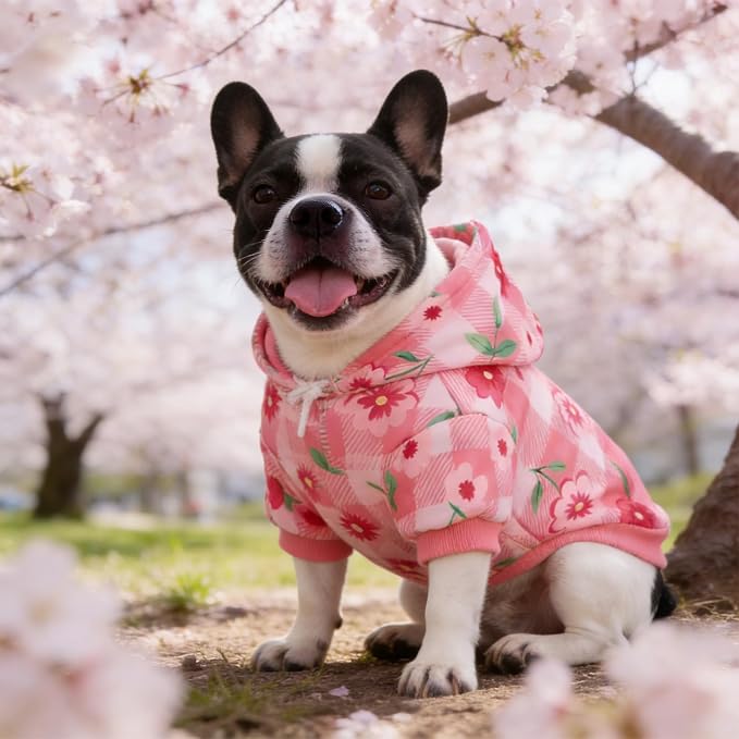 KOOLTAIL Spring Dog Hoodie Pet Clothes Sweater with Hat and Pocket for Medium Large Size Dogs Outdoor Picnic Camping, Insect Protection Anti-Hair Loss, Soft Fleece Dog Hooded Sweatshirt, Pink Flower L
