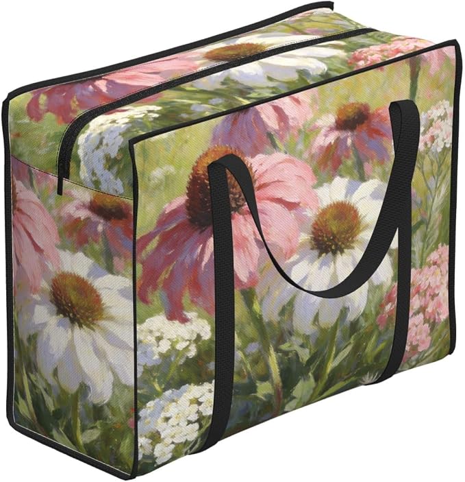 Oxford Fabric Reusable Grocery Bags Pink Coneflowers With White Daisies, Large Capacity Foldable Shopping Tote with Zipper Closure for Grocery Shopping and Travel