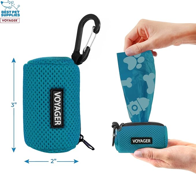 Best Pet Supplies Dog Poop Bag Holder Leash Attachment with Reusable Dispenser for Travel, Walking, Park, and Outdoor Use, Durable with Clip-On - Turquoise, Mesh Dispenser w/15 Bags