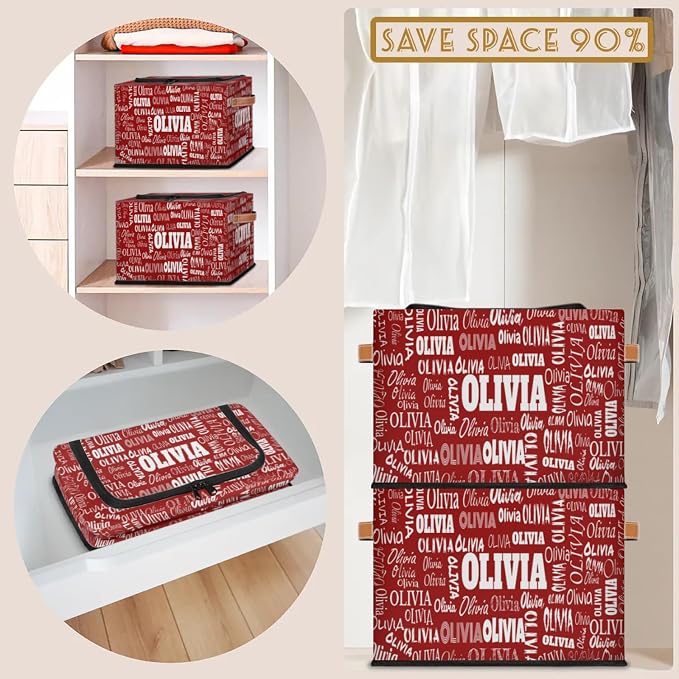 Personalized Name Storage Basket with Zipper Lid, Solid Red Canvas Storage Bins Toys Clothes Organizer for Bedroom, Kitchen, Bathroom, Nursery, Shelves, Closets