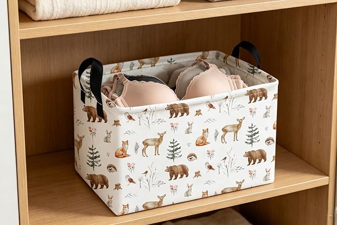 Essme Rectangular Animal Basket,Kids Storage Bins Organizer with Handles for Woodland Room Decor, Gift Basket,Shelf Basket.(Woodland Animal)