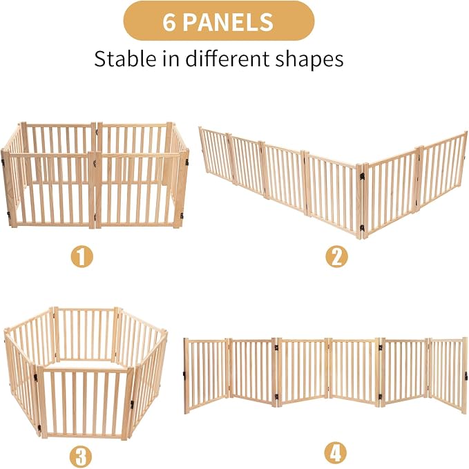 YOCAN Non-Painted Wooden Freestanding Dog Gates - 6 Panel H:16.9" L:138" | Pet Gate for The House,Doorways, Stairs,Wood Dog Fences Indoor Pet Gate,Step Over Fence