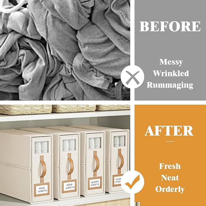 8 Pack Bed Sheets Organizers And Storage,Sheets Set Folder Keeper with Handle,Foldable Bedding Storage Box For Linen Closet,Duvet Cover(King Size-3.7 Gal,Beige)