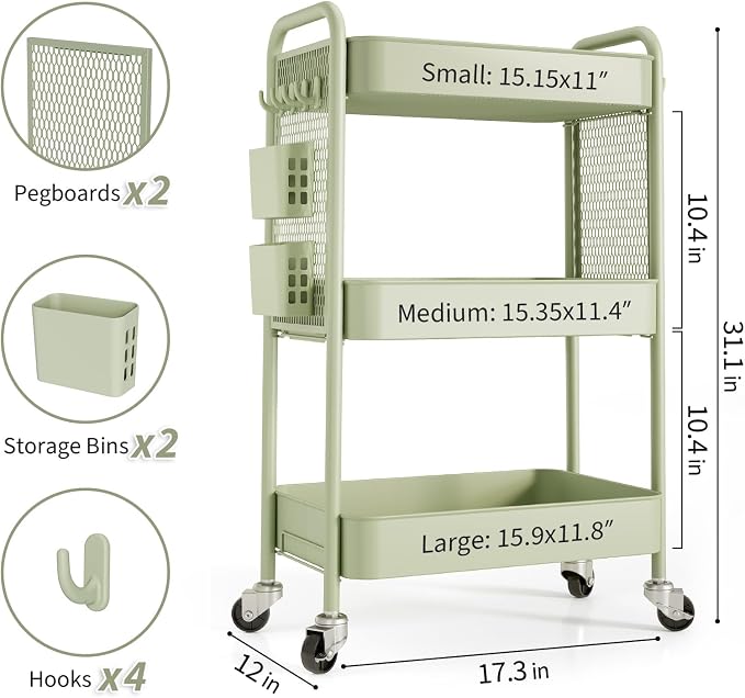 TOOLF 3 Tier Rolling Cart, Metal Utility Storage Cart with Pegboard, Green | 2 Bins & 4 Hooks, Screwless Assembly, Lockable Wheels, Trolley Organizer for Bathroom, Kitchen, Office, Dorm, Craft Room