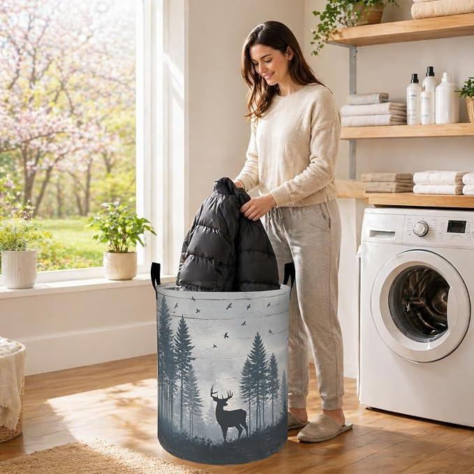 Rustic Deer Laundry Basket, Pine Tree Forest and Bird Oxford Cloth Dirty Clothes Collapsible Hamper for Room Decor, Woodland Gifts, Toy Organizer 19.7 x 15.7 Inches for Bedroom Bathroom Dorm