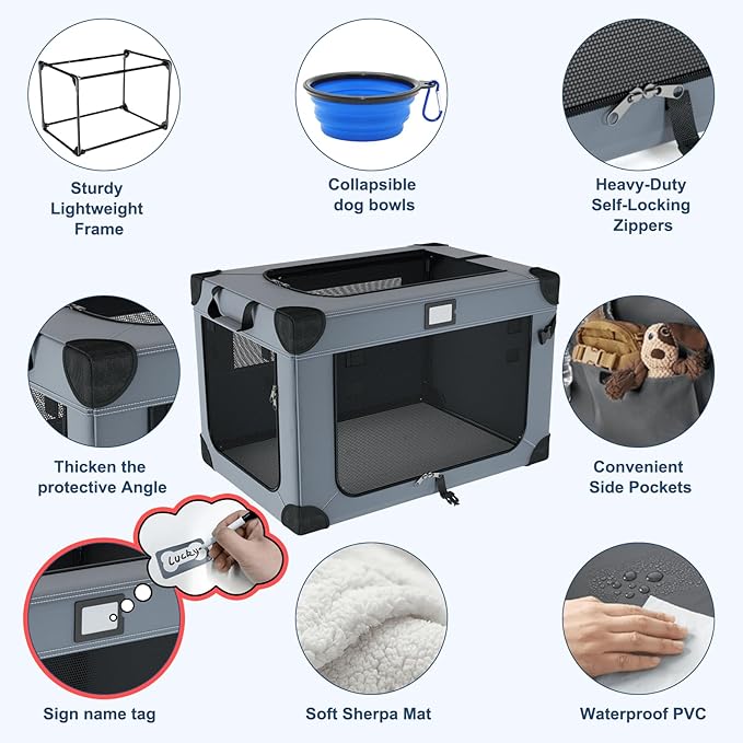 42 Inch Collapsible Dog Travel Crate for Soft Blanket and Foldable Bowl | Sturdy Metal Frame，Indoor & Outdoor，Soft Blanket and Foldable Bowl,Storage Bag,Signature Card,Waterproof,Portable for Camping