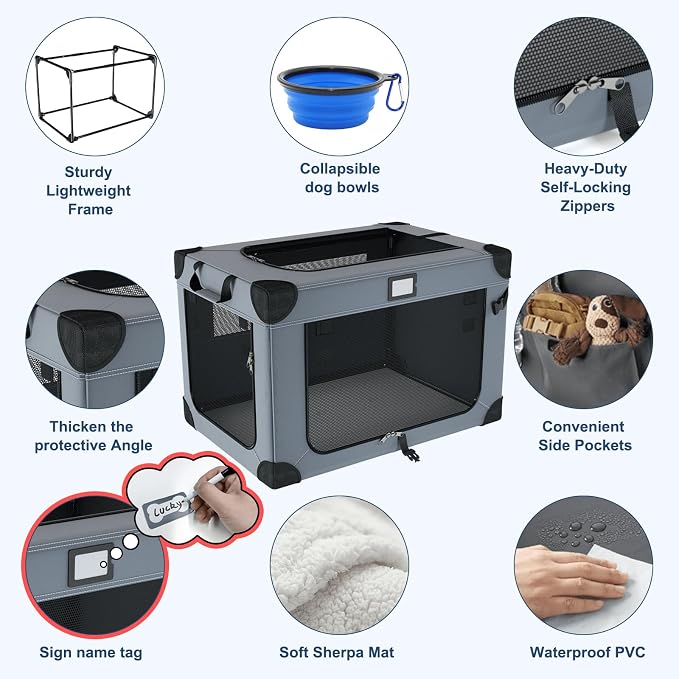 36 Inch Collapsible Soft Dog Crates with 3-Door & Mesh Windows for Travel | Sturdy Metal Frame，Indoor & Outdoor，Soft Blanket and Foldable Bowl,Storage Bag,Signature Card,Waterproof,Portable for Camping