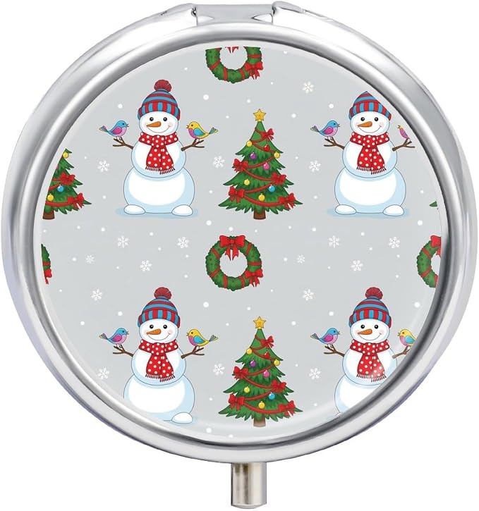 Travel Medicine Box, Christmas Snowman Round Small Organizer, Metal Pill Case for Fish Oil, Portable Dispenser Purse Pocket for Commuters
