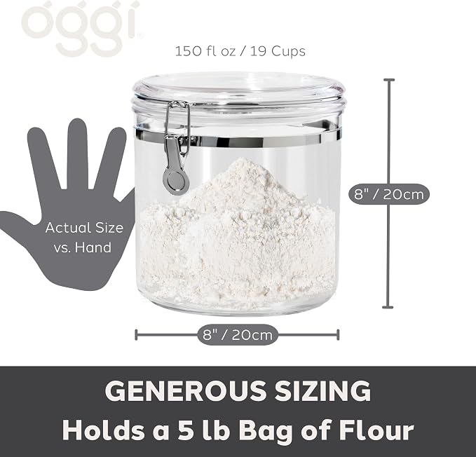 Oggi Jumbo Clear Canister with Clamp Lid, 150 oz - Airtight Food Storage Container, for Kitchen & Pantry Storage of Bulk, Dry Foods Including Pasta, Flour, Sugar, Coffee, Rice, Tea, Spices & Herbs