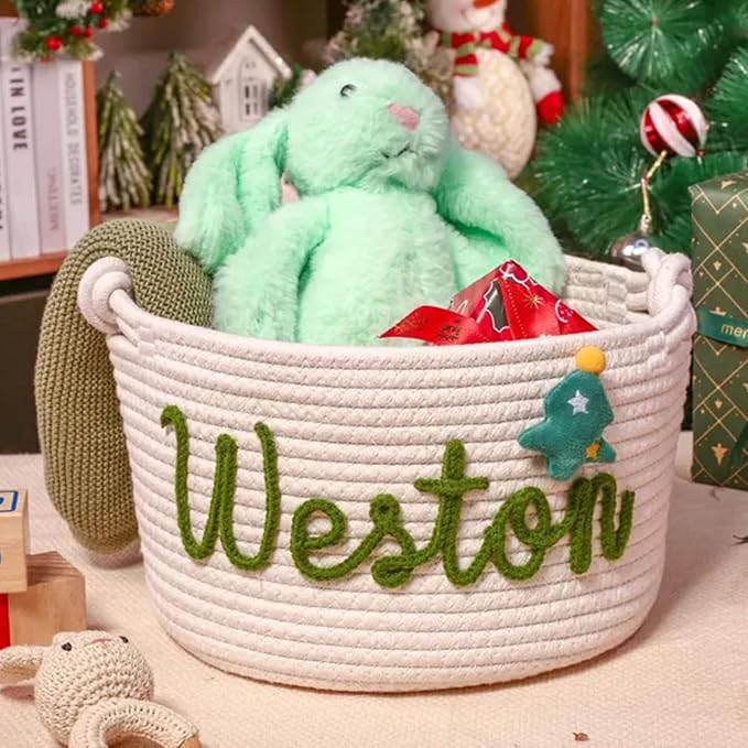 Personalized Cute Small Woven Basket with Handles, Custom Cotton Rope Room Shelf Storage Basket, Empty Decorative Gift Basket, Decorative Round Bin for Nursery Bedroom Bathroom (Style F)