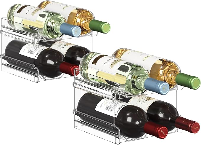 Lifewit Stackable Wine Rack for Cabinet, Plastic Refrigerator Wine Holder | Clear Water Bottle Storage Rack for Fridge Shelf, Tumbler Cup Organizer Holds 8 Bottles for Countertop, Kitchen Organization