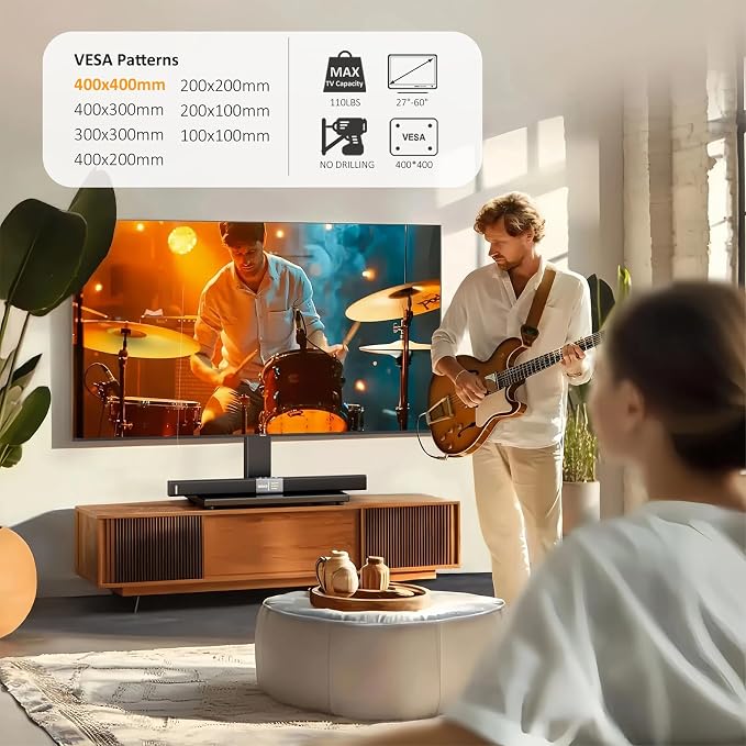 Universal TV Stand - Table Top TV Stand for 27-60 inch LCD LED TVs - 6 Level Height Adjustable TV Base Stand with Tempered Glass Base & Wire Management, VESA 400x400mm