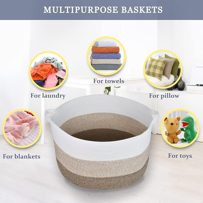Cotton Rope Blanket Basket, 87L Laundry Hamper, White & Ombre Brown