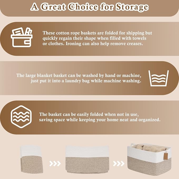 Goodpick 75L Extra Large Woven Rope Blanket Basket, Rectangle, Brown | 22" × 17" × 12" Decorative Storage Basket for Pillows & Clothes, Fits Living Room & Nursery Organization, Handles