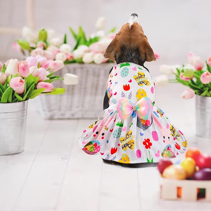 Easter Dog Costume Dress for Pets, Easter Bunny Pet Outfit Dogs Bow Clothes,White Puppy Skirt, Spring Dog Outfit,Size L (24.2-28.6 lbs)