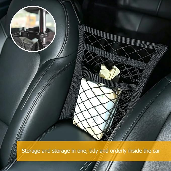 Dog Car Net Barrier, Pet Safety Divider with Mesh Organizer for Kids, Elastic Seat Back Storage Pouch, Universal Fit Vehicle Cargo Netting for Cars SUVs, 2-Layer Stretchable Barrier
