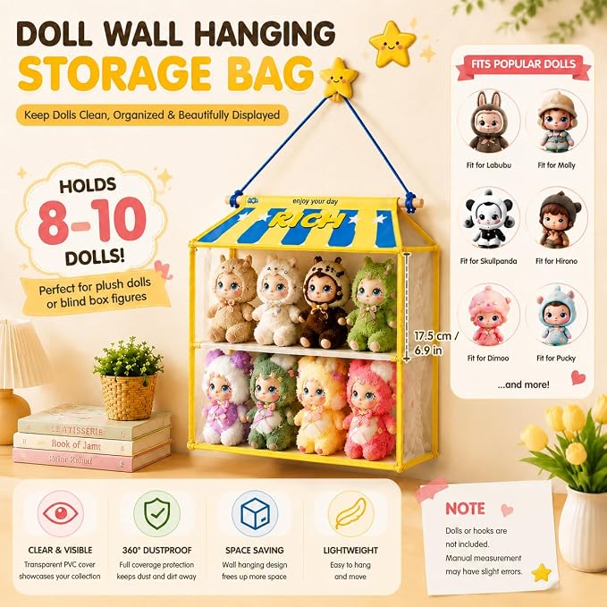 Dustproof Hangingcute Doll Storage Display Organizer with Clear PVC Cover | Cute Doll Storage Bag,High-Contrast Fabric Plush Figure Wall Holder for Labubu Molly Dimoo,Gift for Doll Collectors