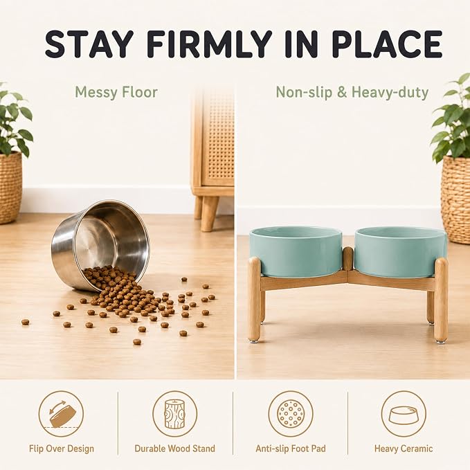 Havniva Ceramic Dog Bowls Elevated, Raised Dog Food Bowl for Medium Dogs | 7.3” Elevated Dog Bowls, Non-Slip Wood Stand, Dog Food and Water Bowl Set, Dog Feeding Dish, Large Capacity Pet Water Bowl
