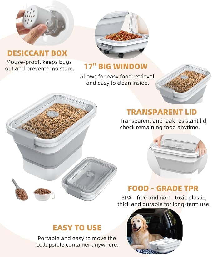 10-13Lbs Airtight Dog Food Storage Container,Collapsible Dog Food Container | Clear Pet Food Storage Container with Double Airtight Seal for Freshness,Cat Food Container One-handed Open,Save Space,Scoop