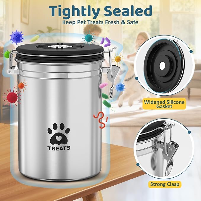 ENONCI Airtight Dog Treat Canister, 304 Stainless Steel Food Storage Jar with Date Dial Silver-2.8L