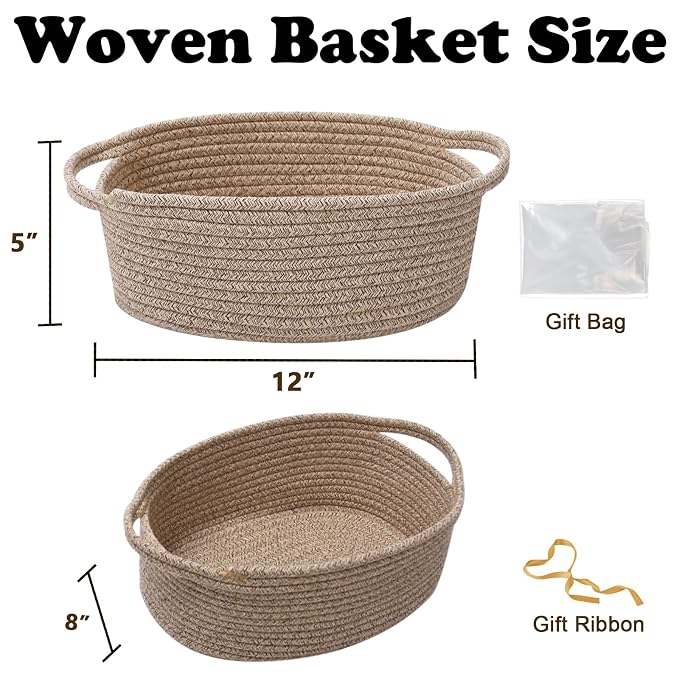 Woven Rope Basket,Baby Gift Basket with Bag & Ribbon, Mixed Brown | Cotton rope with handle, 12x8x5 in, gift bag and ribbon, for baby shower, birthday, toy storage, nursery, shelf decor