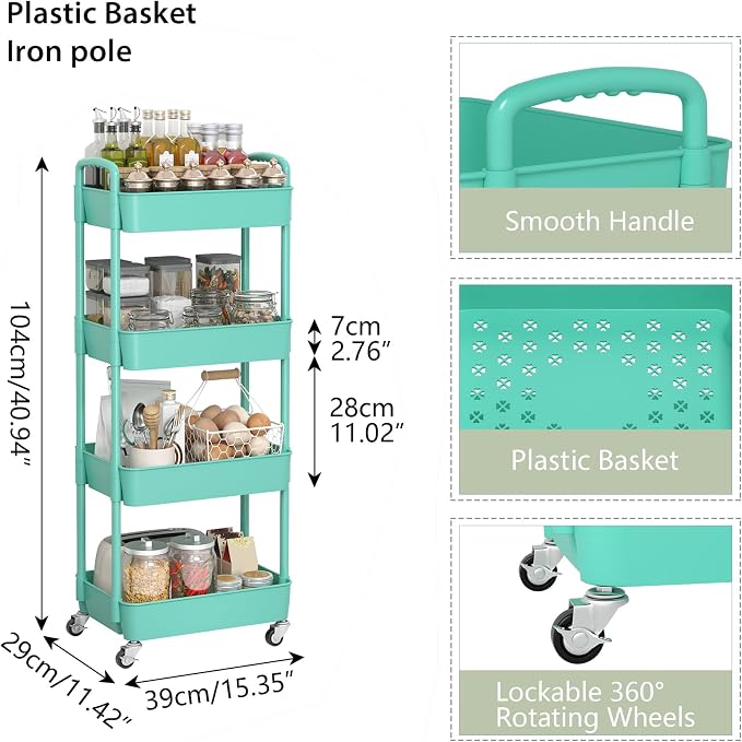 Sywhitta 4-Tier Plastic Rolling Utility Cart with Wheels for Storage,Green | Multi-Functional Storage Trolley, for Office, Living Room, Kitchen, Bathroom,Movable Organizer,Space-Saving,Easy to assemble